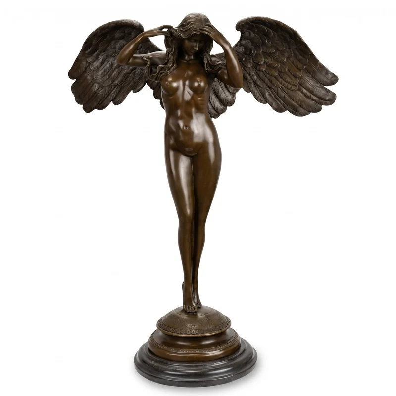 Casa Padrino Luxus Jugendstil Deko Skulptur Engel Bronze / Schwarz 48,7 x 22 x H. 60,7 cm - Bronze Figur mit Marmorsockel - Barock & Jugendstil Bronze Skulpturen