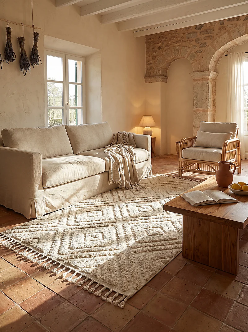 Hochflor-Teppich Rauten-Relief · 20 mm Flor, Fransen, 100 % Polyester