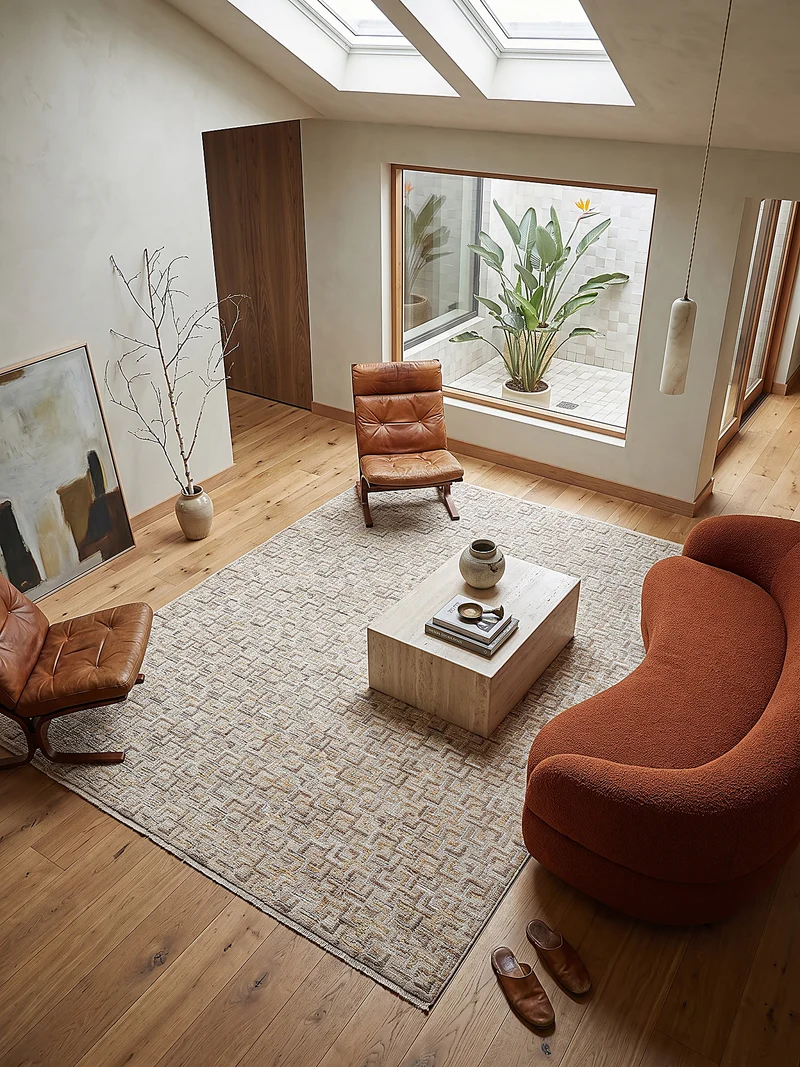 Kurzflor-Teppich Mosaik · Naturton mit Glanzgarn, 7 mm Flor, mit Fransen