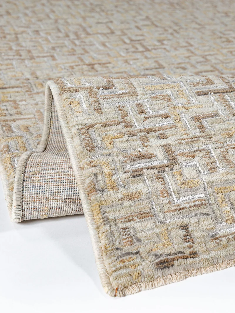 Kurzflor-Teppich Mosaik · Naturton mit Glanzgarn, 7 mm Flor, mit Fransen
