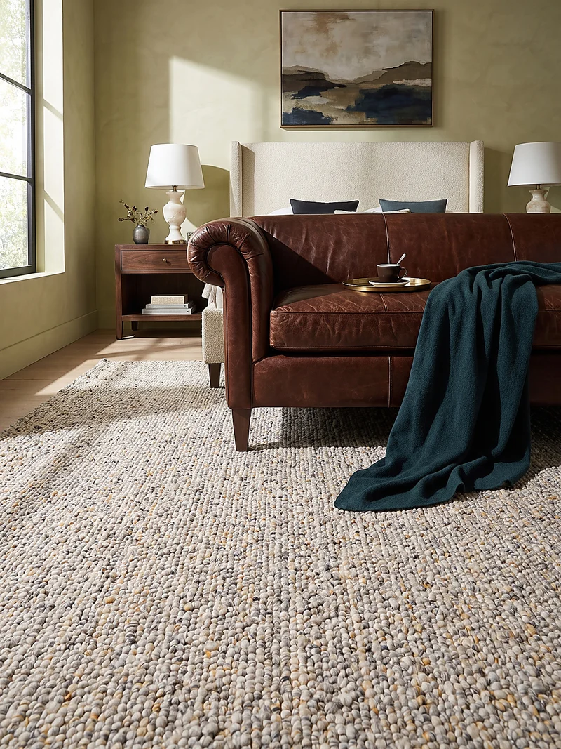 Kurzflor-Teppich Bouclé-Melange · 100 % Polyester · handgewebt, 10 mm Flor