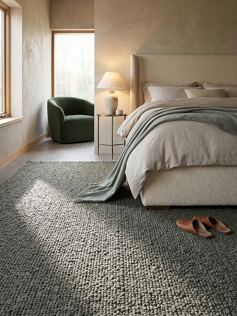 Kurzflor-Teppich Bouclé-Melange · 100 % Polyester · handgewebt, 10 mm Flor