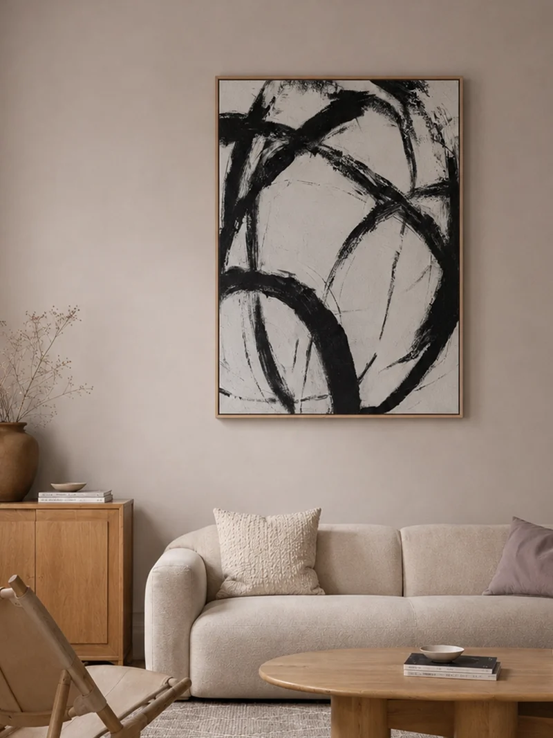 Black Rhythm – Abstraktes Leinwandbild in Schwarz & Natur, gerahmt, 78 x 100 cm