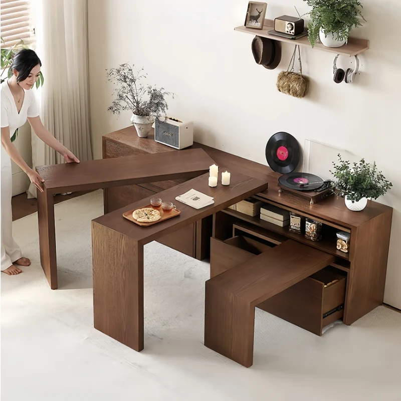 Doppelte, um 90° drehbare Tischplatten und Bänke aus massivem Eschenholz mit großem Stauschrank