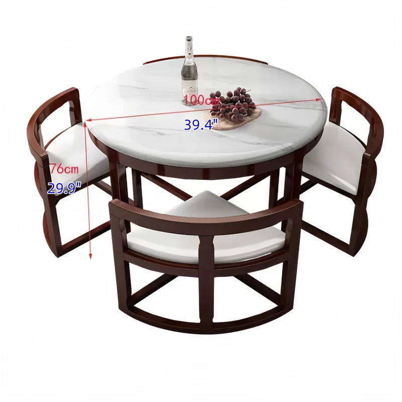 Rundes Essgruppen-Set aus Massivholz mit 4 Stühlen, bestehend aus einem Tisch und einem Satztisch.