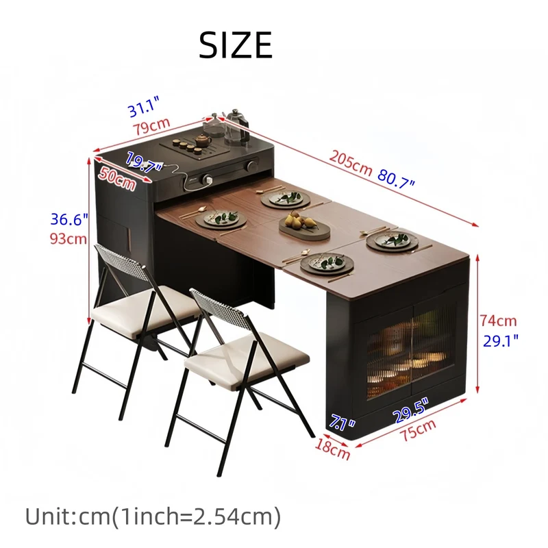 Schwarzer, ausziehbarer Kücheninseltisch mit Klappstühlen