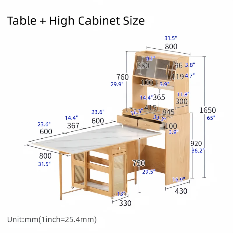 Doppelt klappbarer Esstisch mit Sideboard und 4 Klappstühlen