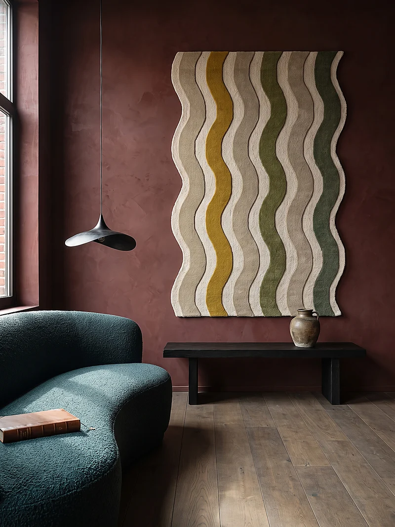 Wollteppich Wellenstreifen · handgetuftet, 5 mm Flor · geschwungene Kante