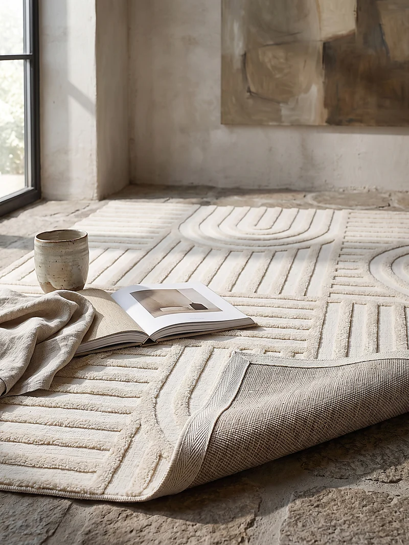 Hochflor-Teppich Bogen-Relief · Ton in Ton creme, 20 mm Flor, gewebt