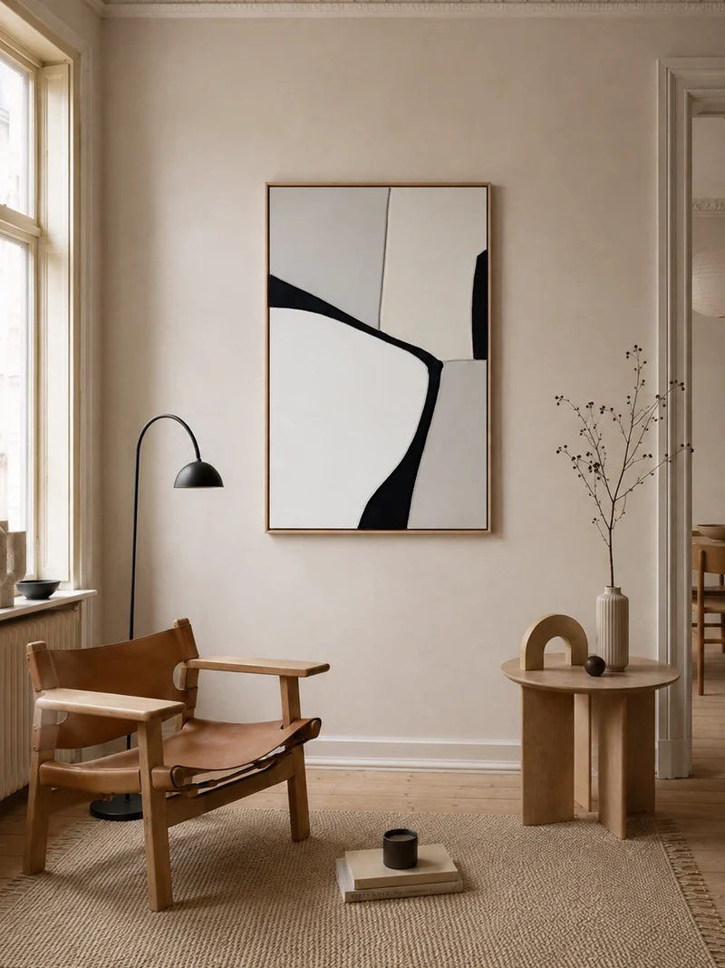 Silent Shapes – Mixed-Media-Wandbild, minimalistisch, gerahmt, 78 x 118 cm