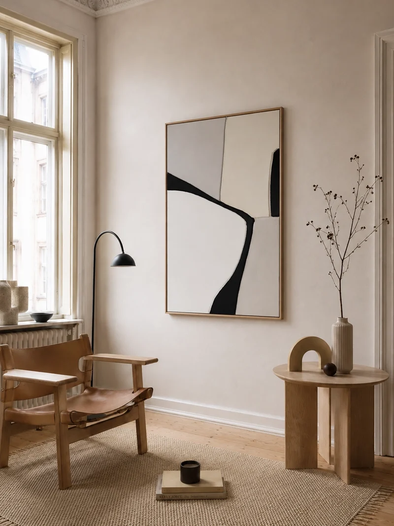 Silent Shapes – Mixed-Media-Wandbild, minimalistisch, gerahmt, 78 x 118 cm
