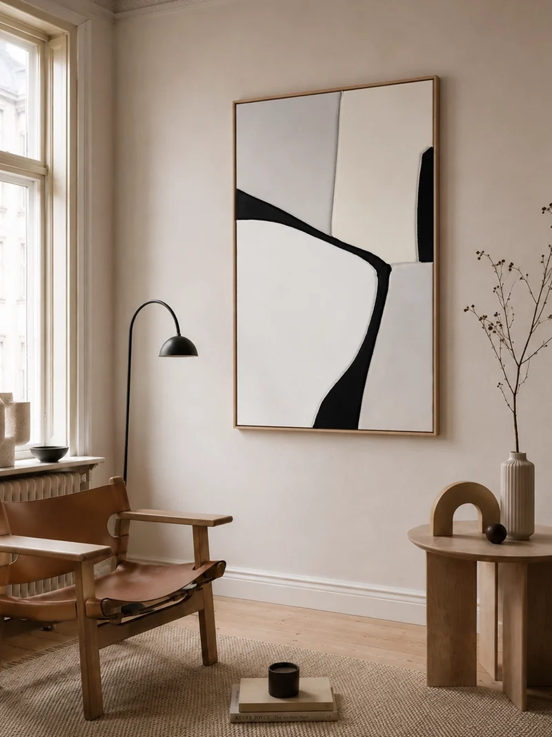 Silent Shapes – Mixed-Media-Wandbild, minimalistisch, gerahmt, 78 x 118 cm