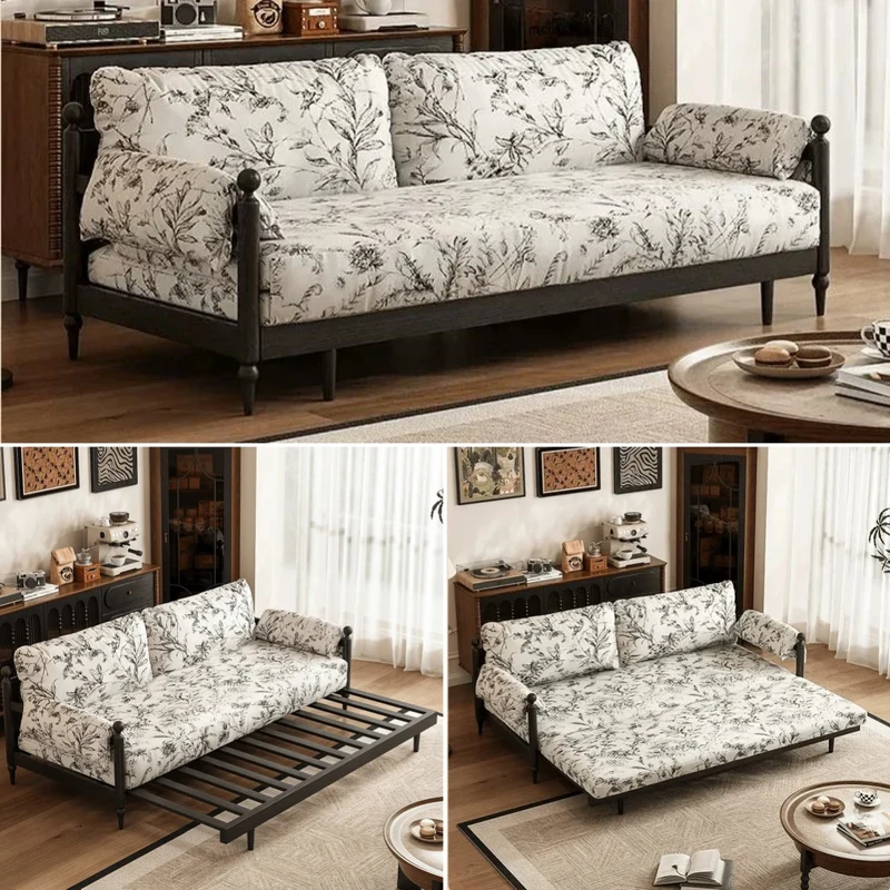 Schlafsofa aus massivem Eschenholzrahmen und bedrucktem Veloursstoff