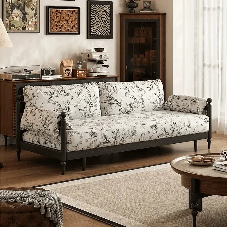 Schlafsofa aus massivem Eschenholzrahmen und bedrucktem Veloursstoff