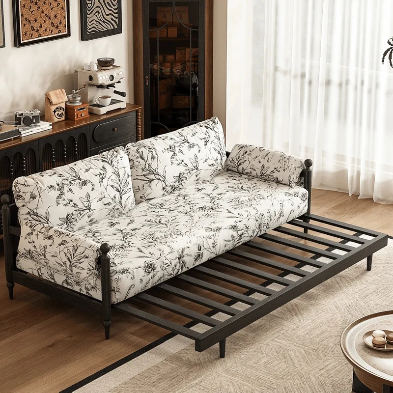 Schlafsofa aus massivem Eschenholzrahmen und bedrucktem Veloursstoff