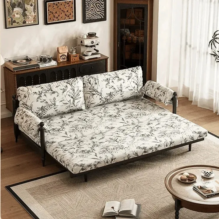 Schlafsofa aus massivem Eschenholzrahmen und bedrucktem Veloursstoff