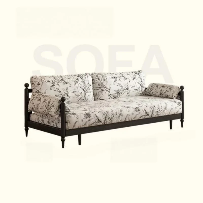 Schlafsofa aus massivem Eschenholzrahmen und bedrucktem Veloursstoff