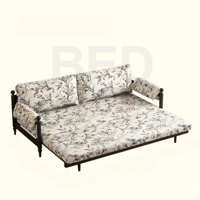 Schlafsofa aus massivem Eschenholzrahmen und bedrucktem Veloursstoff