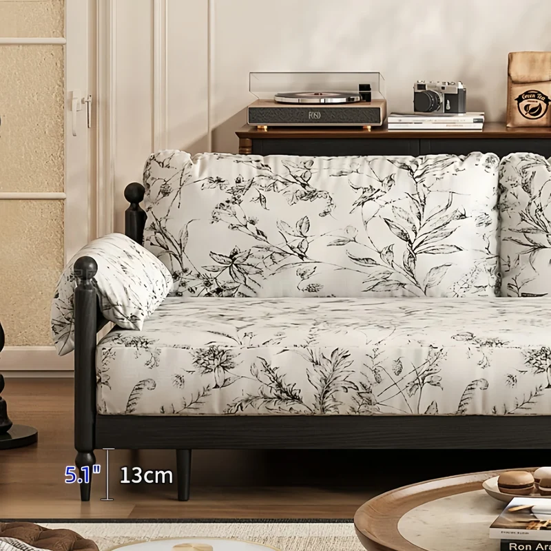 Schlafsofa aus massivem Eschenholzrahmen und bedrucktem Veloursstoff
