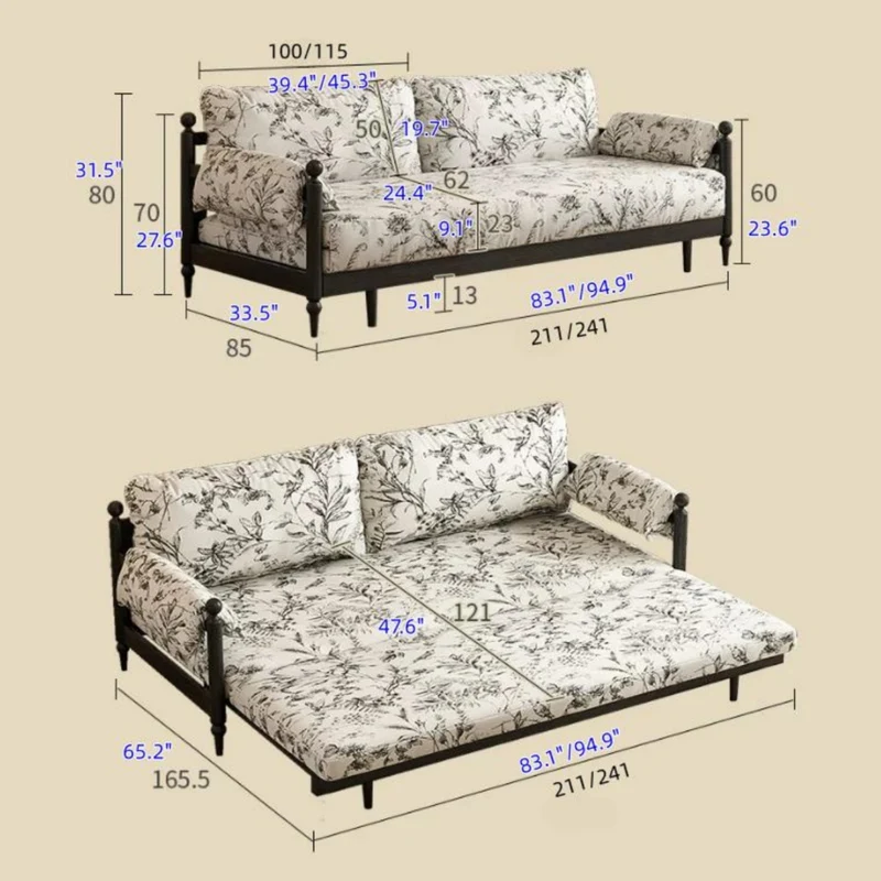 Schlafsofa aus massivem Eschenholzrahmen und bedrucktem Veloursstoff