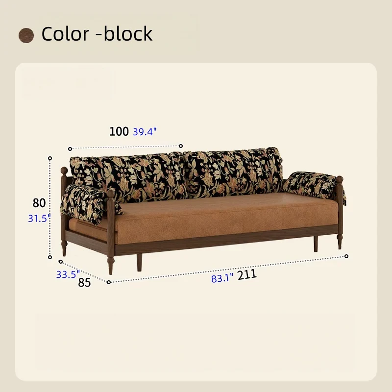 Schlafsofa aus massivem Eschenholzrahmen und bedrucktem Veloursstoff