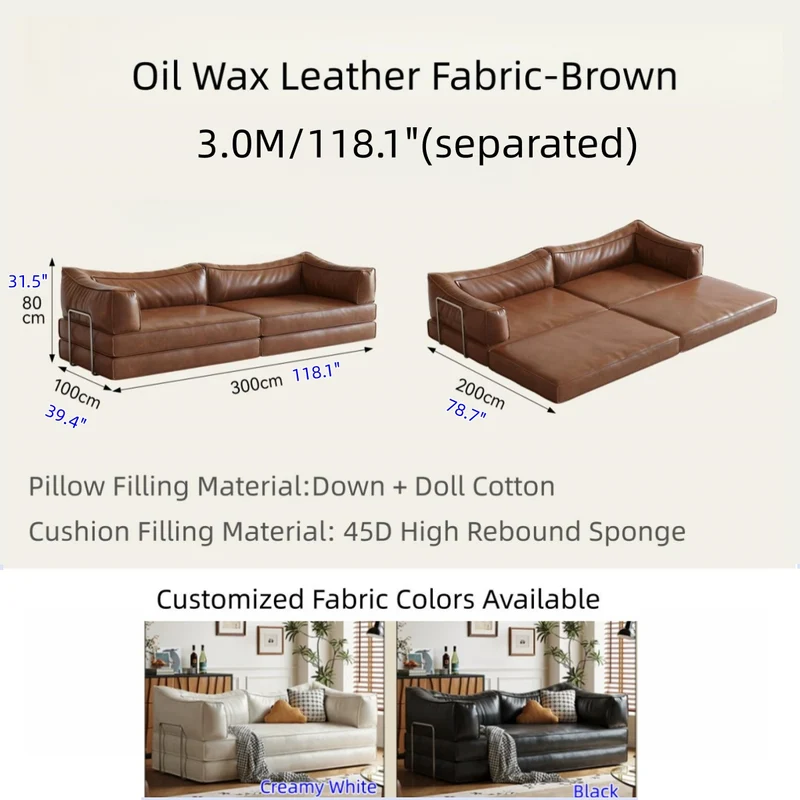 Modulares Schlafsofa aus geöltem und gewachstem Leder ohne Knochen