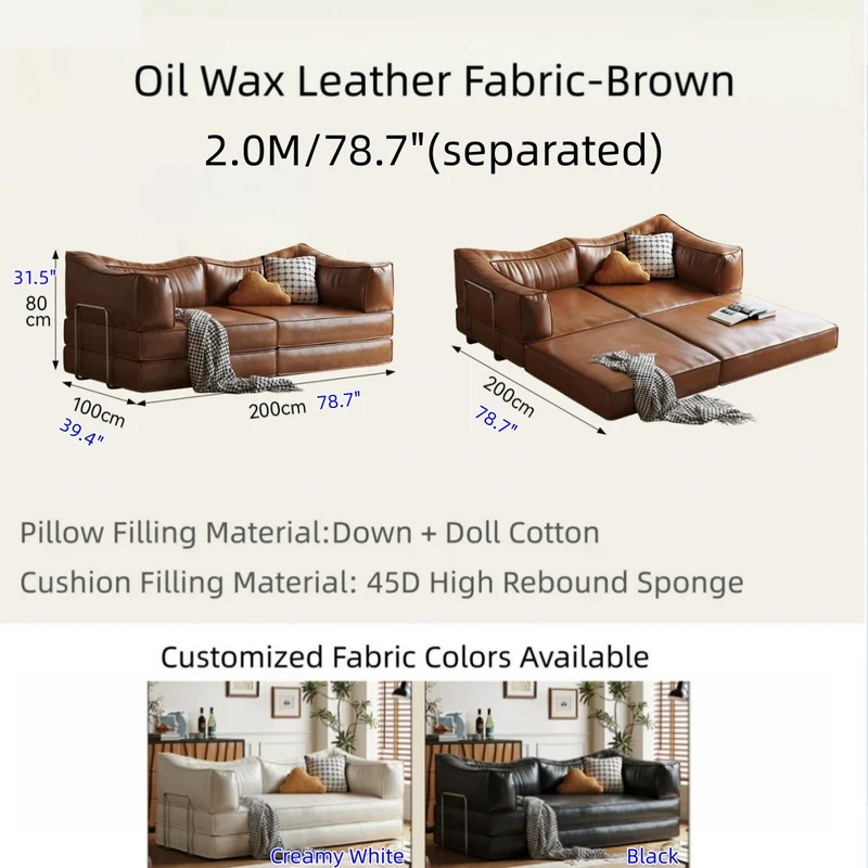 Modulares Schlafsofa aus geöltem und gewachstem Leder ohne Knochen