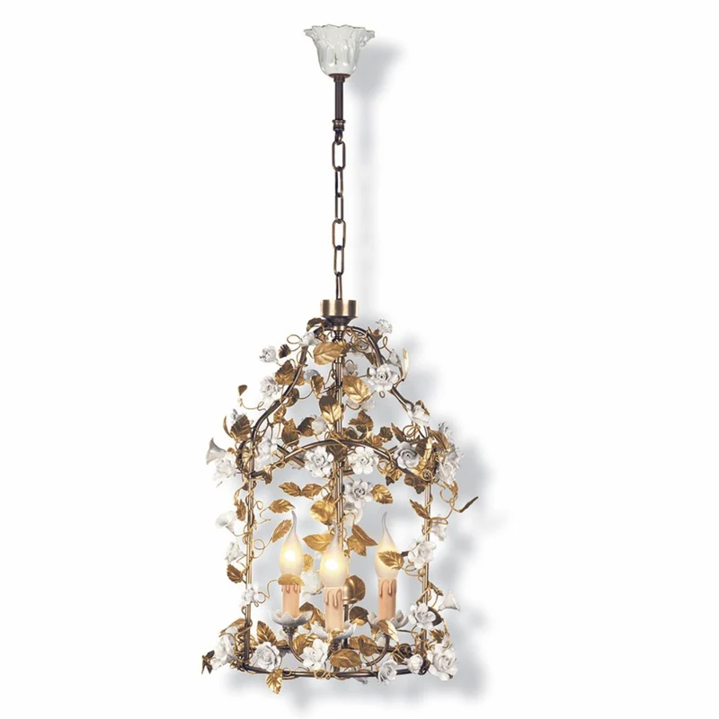 Casa Padrino Luxus Barock Hängeleuchte Gold / Weiß H. 55 cm - Prunkvolle Messing Laterne mit Porzellan Blumen - Made in Italy
