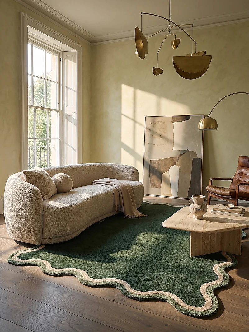 Wollteppich mit Wellenbordüre · handgetuftet · 8 mm Flor, 2.900 g/m²