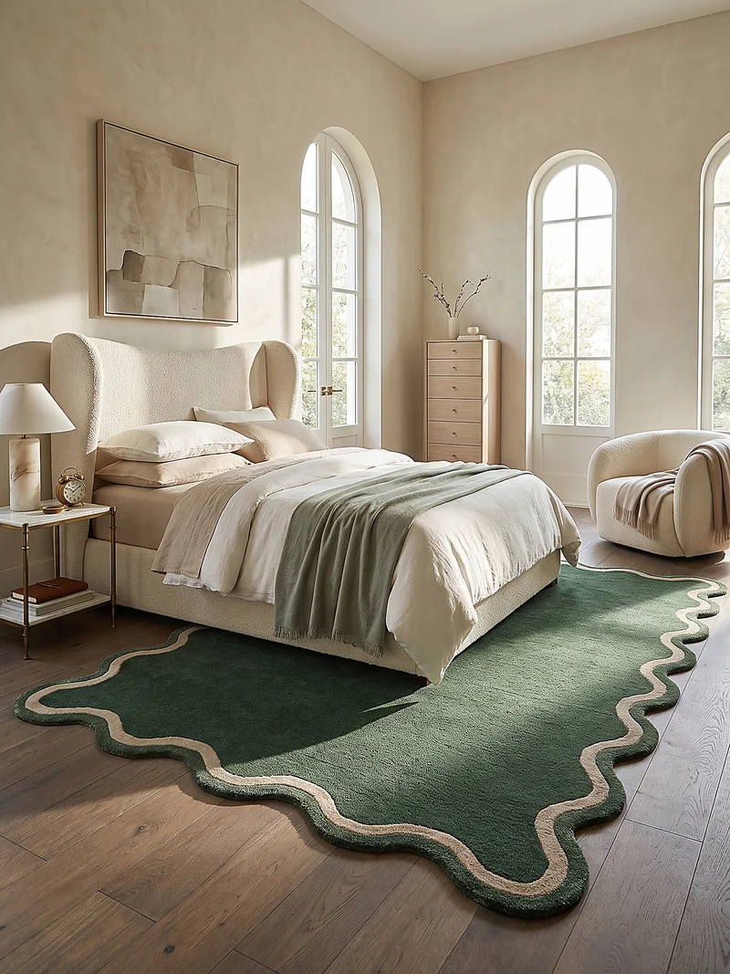 Wollteppich mit Wellenbordüre · handgetuftet · 8 mm Flor, 2.900 g/m²