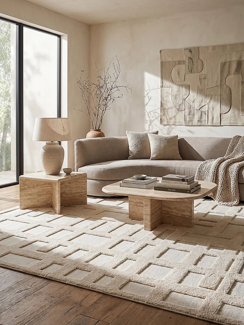 Hochflor-Teppich Blockrelief · Winkelmotiv creme, 20 mm Flor, gewebt