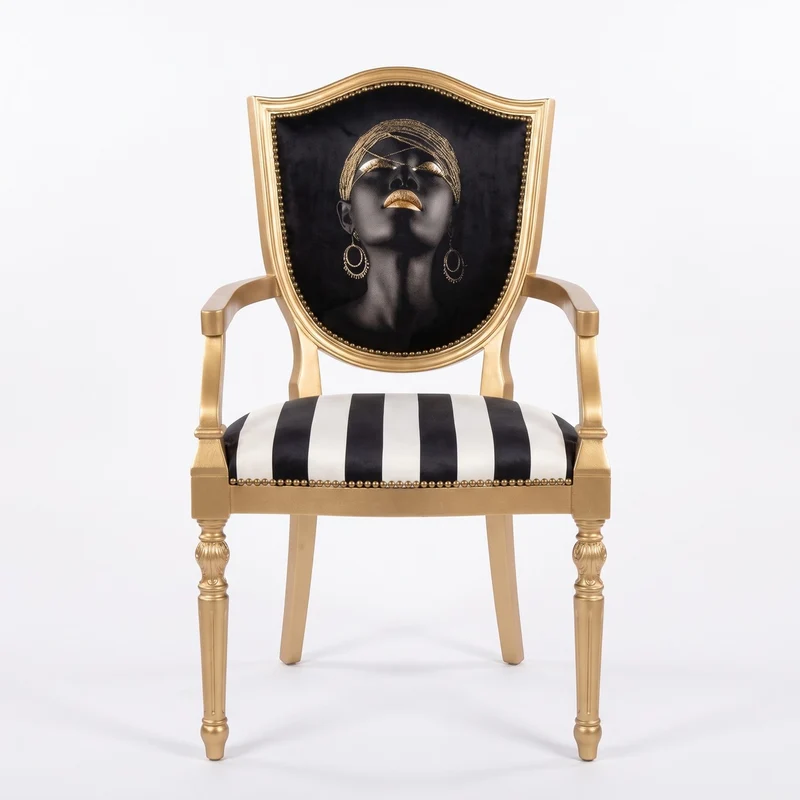 Casa Padrino Art Deco Esszimmer Stuhl mit Armlehnen Schwarz / Weiß / Gold - Stuhl mit Portrait Motiv