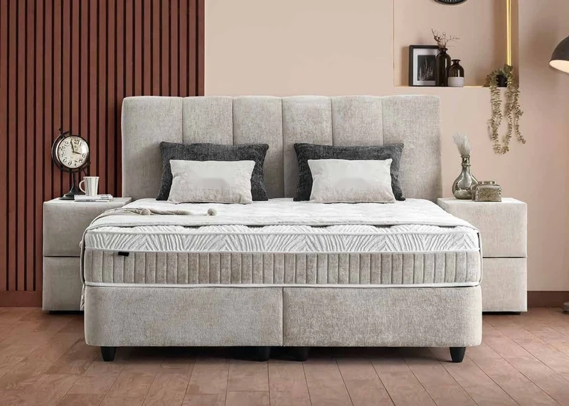 Casa Padrino Luxus Boxspringbett mit Kopfteil in Paneeloptik Beige 90 x 200 cm - Luxus Schlafzimmer Möbel