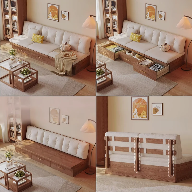 Japandi Massivholzsofa mit versteckten Stauschubladen