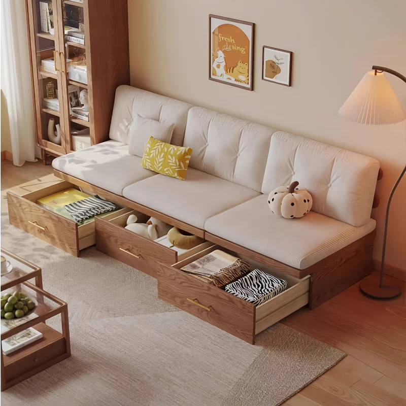 Japandi Massivholzsofa mit versteckten Stauschubladen