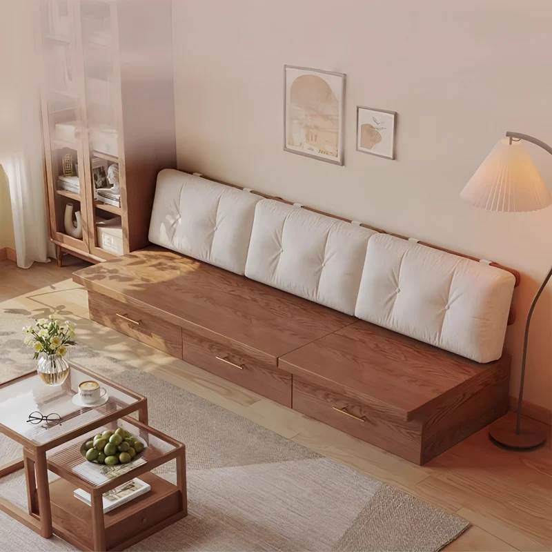Japandi Massivholzsofa mit versteckten Stauschubladen
