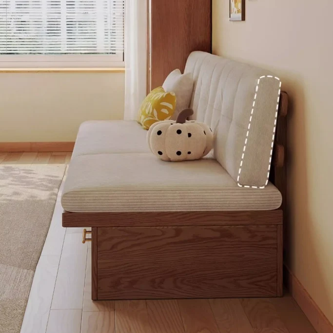 Japandi Massivholzsofa mit versteckten Stauschubladen