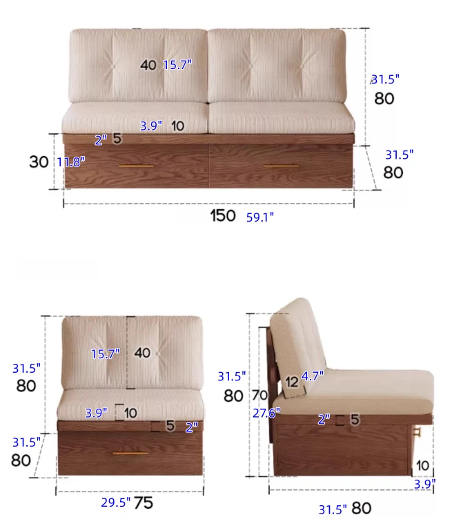 Japandi Massivholzsofa mit versteckten Stauschubladen