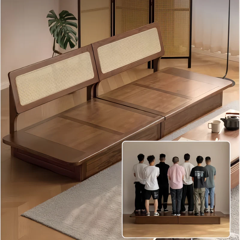 Japandi Sofa mit Massivholzrahmen aus Eiche und großem Stauraum unter dem Sitz