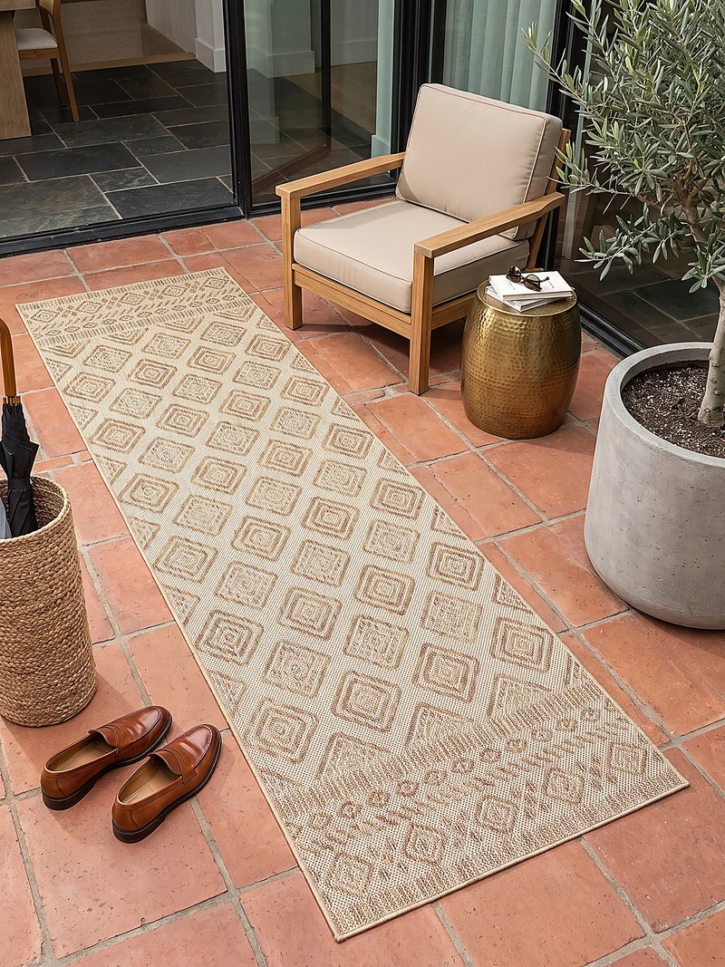 Flachgewebe-Teppich mit Rauten & Zickzack – Wetterfest | Ethno im Boho-Stil