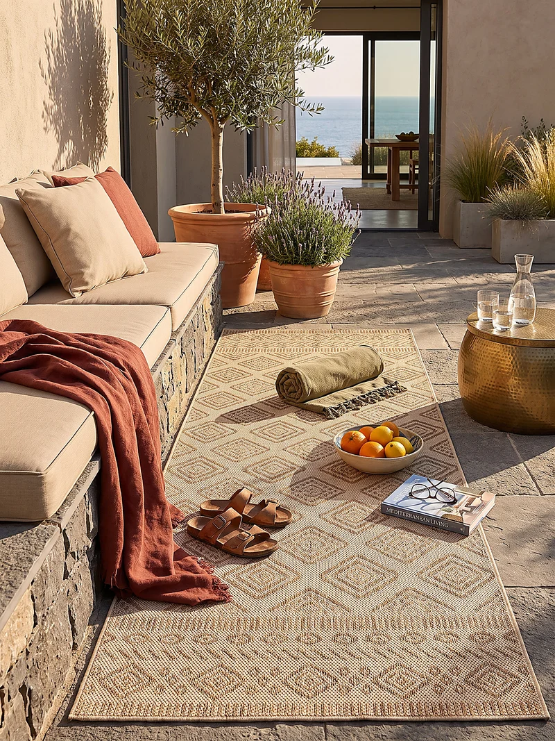 Flachgewebe-Teppich mit Rauten & Zickzack – Wetterfest | Ethno im Boho-Stil