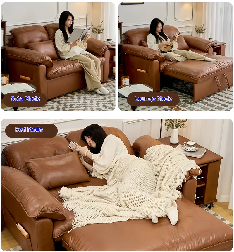 3-in-1-Schlafsofa aus geöltem Leder mit verstellbarer Rückenlehne und Seitentasche