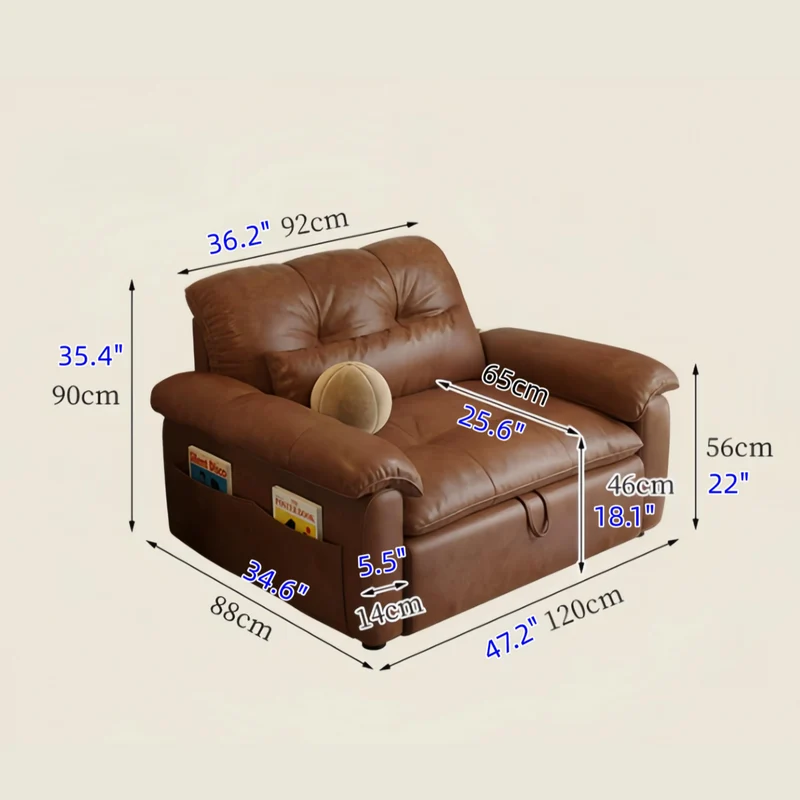 3-in-1-Schlafsofa aus geöltem Leder mit verstellbarer Rückenlehne und Seitentasche