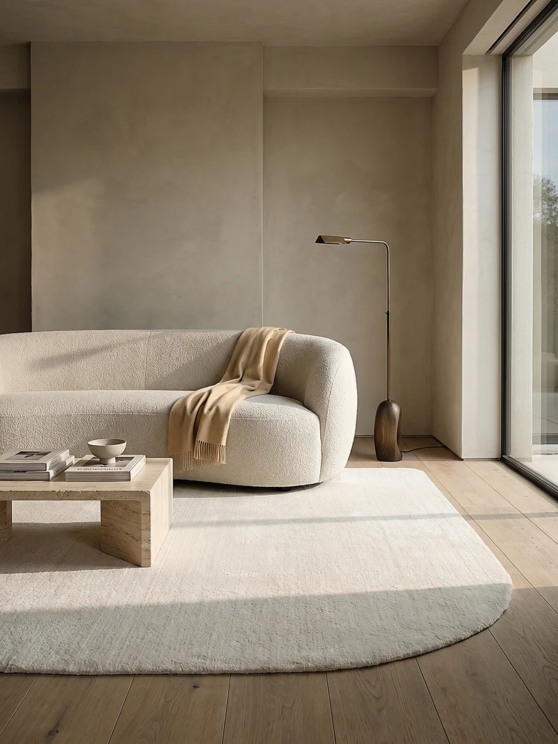 Hochflor-Teppich Cremeweiß in organischer - Polyester, 17 mm Gesamthöhe
