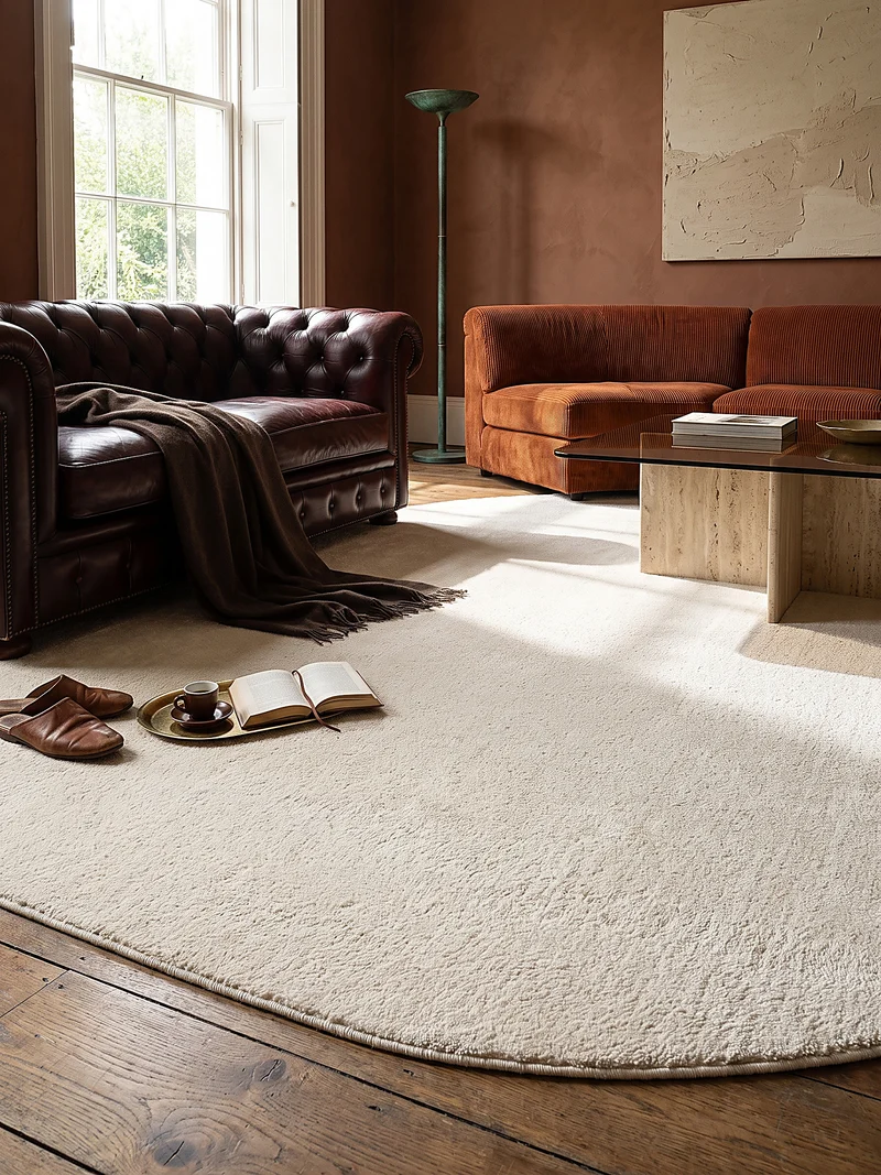 Hochflor-Teppich Cremeweiß in organischer - Polyester, 17 mm Gesamthöhe