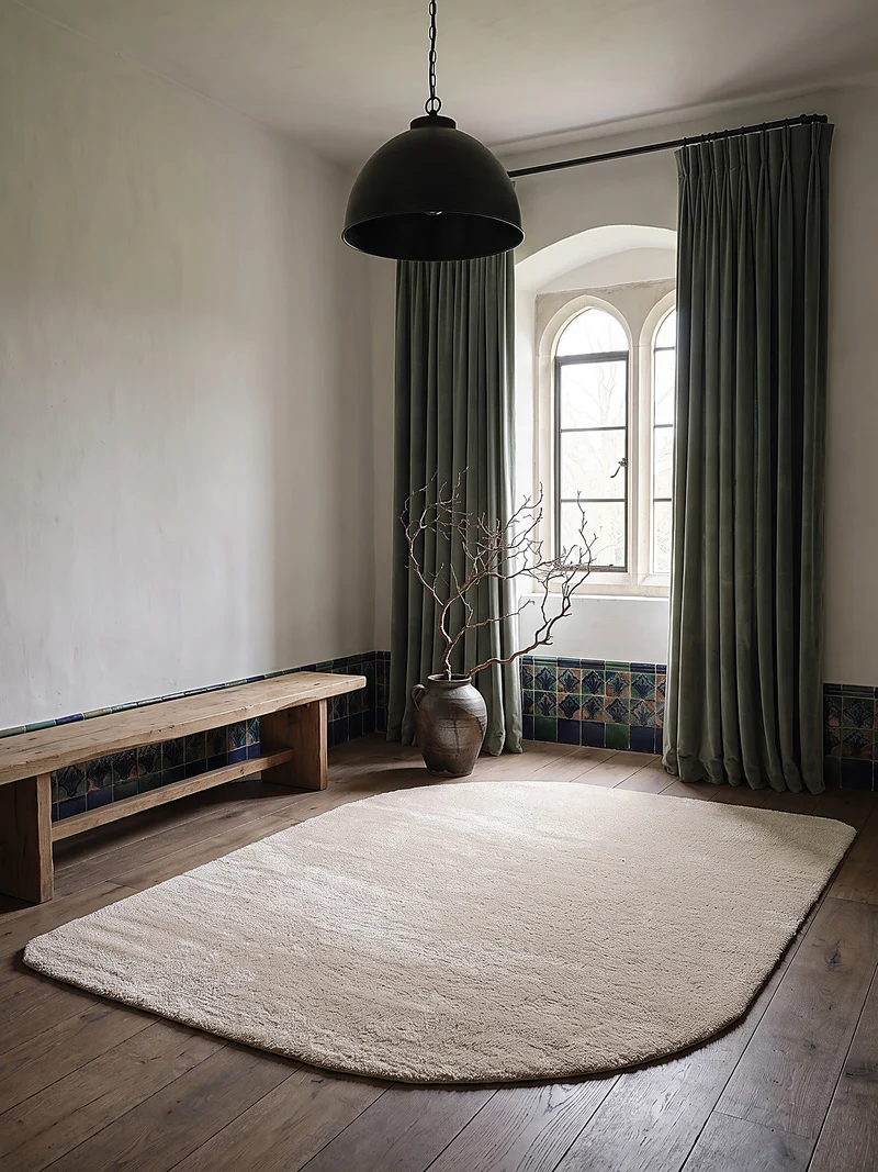 Hochflor-Teppich Cremeweiß in organischer - Polyester, 17 mm Gesamthöhe