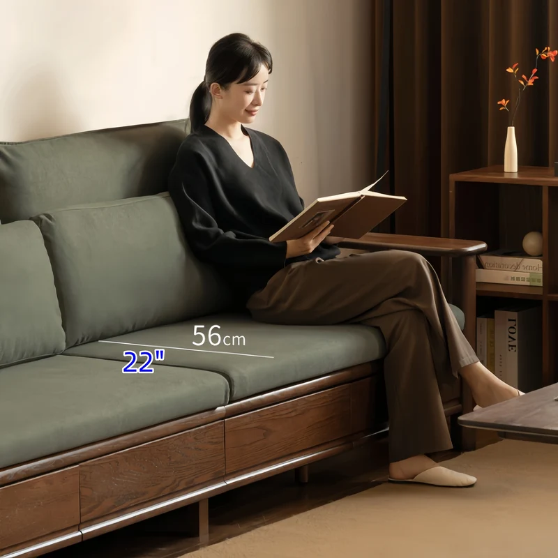 Sofa aus massiver Eiche mit breiten Armlehnen, Stauschubladen darunter und abnehmbaren Bezügen
