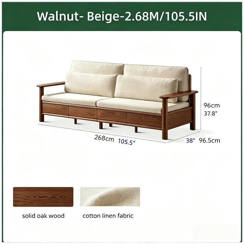 Sofa aus massiver Eiche mit breiten Armlehnen, Stauschubladen darunter und abnehmbaren Bezügen