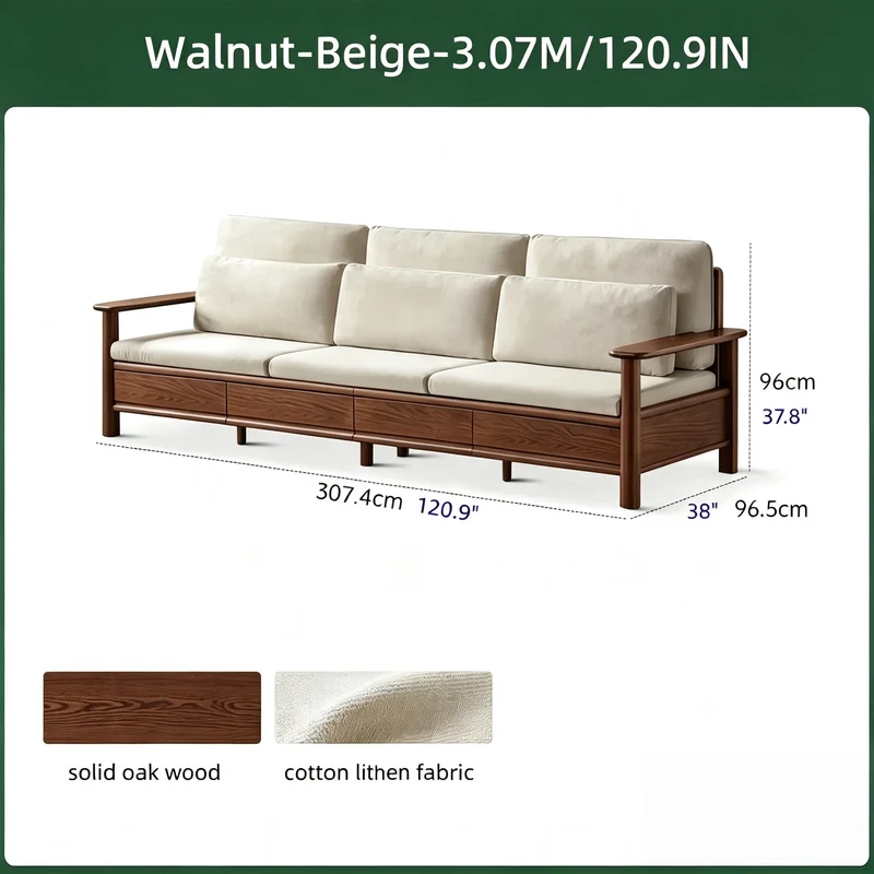 Sofa aus massiver Eiche mit breiten Armlehnen, Stauschubladen darunter und abnehmbaren Bezügen