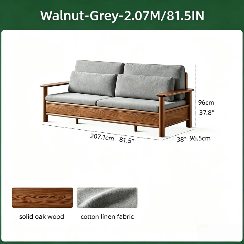 Sofa aus massiver Eiche mit breiten Armlehnen, Stauschubladen darunter und abnehmbaren Bezügen